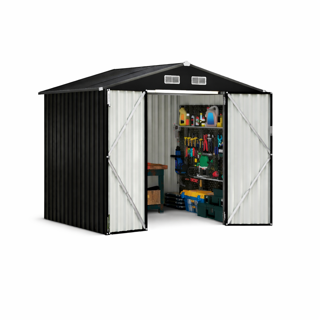 Garvee Weatherproof Metal Outdoor Storage Outdoor Storage – 6x8 FT Utility Tool Locker with Lockable Door, Air Vent, Sturdy Construction – Dark Gray, Includes Solar Light