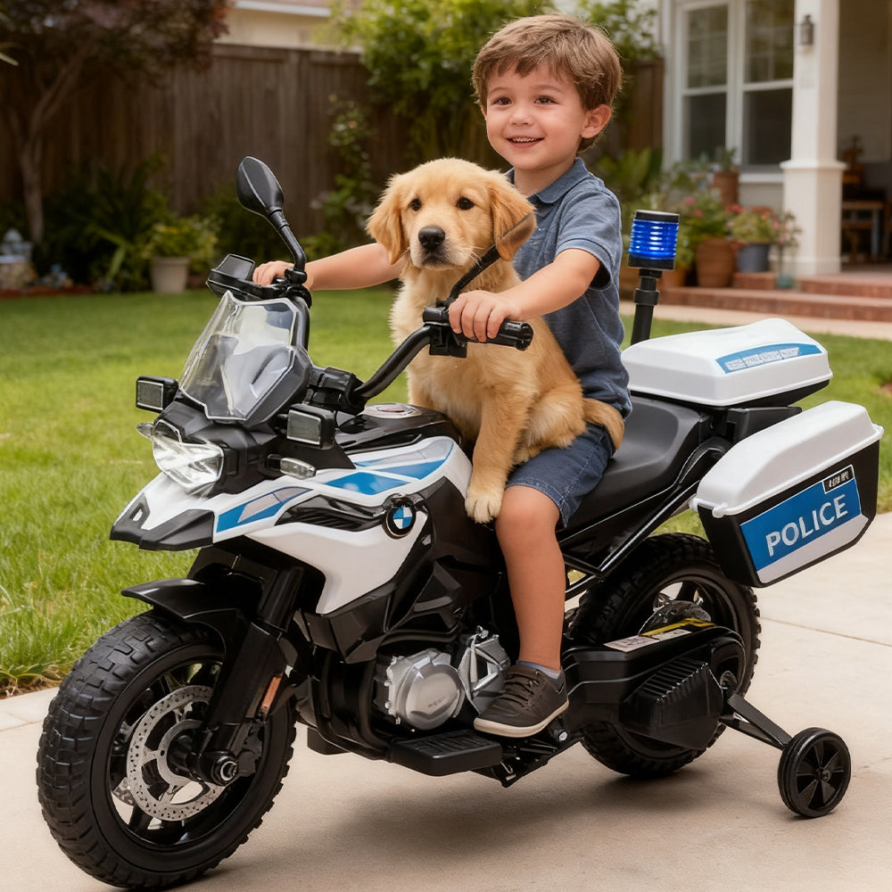 Garvee Ride P Series 12V BMW Police Motorcycle for Kids: 2 Speeds, LED Headlights, Spring Suspension, MP3, Music, Training Wheels, for Boys and Girls - White