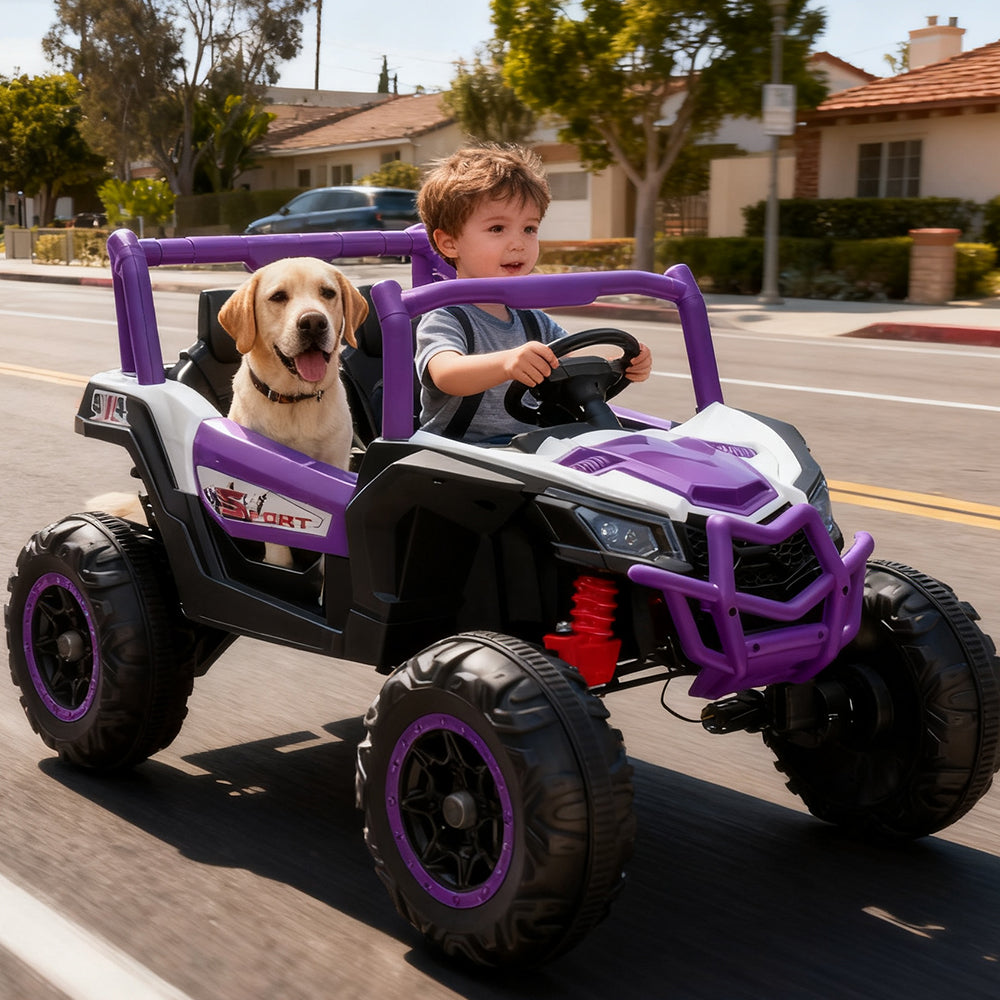 Garvee 2 Seater Ride on Car for Kids, 24V Powered Electric Off-Road UTV Ride Toy, 4WD Electric Vehicle with Remote Control, LED Lights, Bluetooth, 3 Speeds, Horn, 2 Spring Suspension