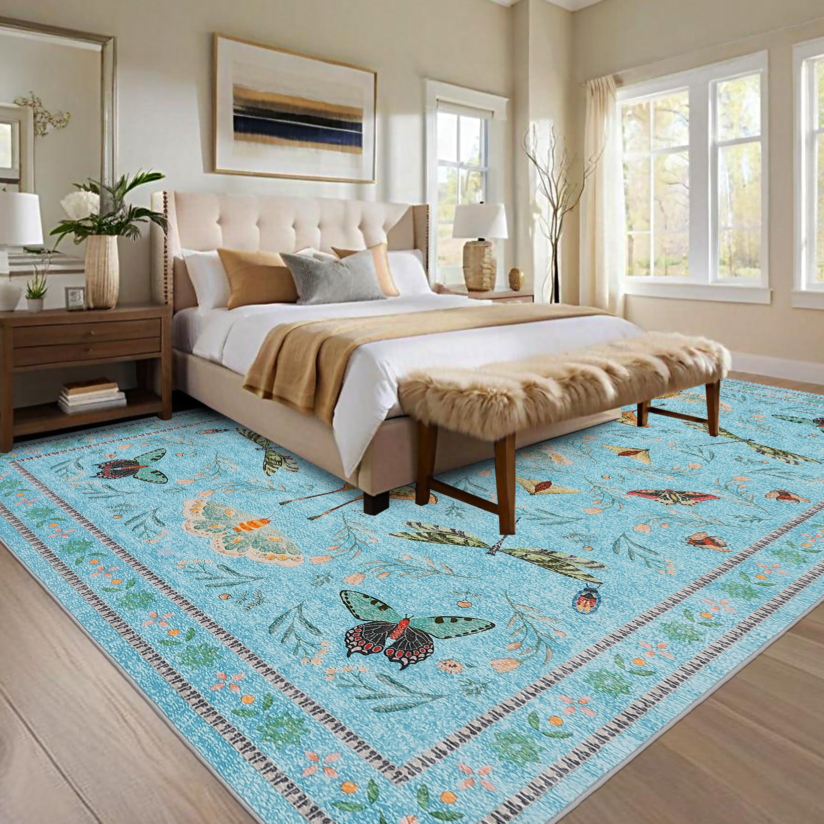 Garvee Blue Butterfly 4x6 Washable Non Slip Low Pile Stain Resistant Ultra Thin Insect Plant Rug for Living Room Nursery