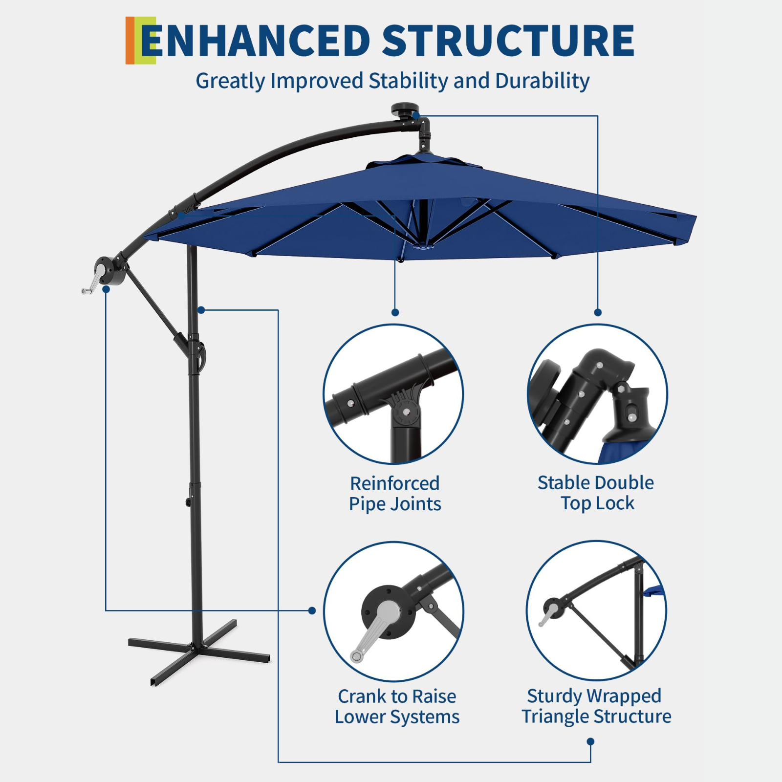 Garvee 10' Cantilever Umbrella with 360 Rotating Base, UV Protection Offset Patio Umbrella 8 Ribs Outdoor Sun Shade with Easy Tilt Adjustment for Backyard, Lawn, Garden, Navy Blue