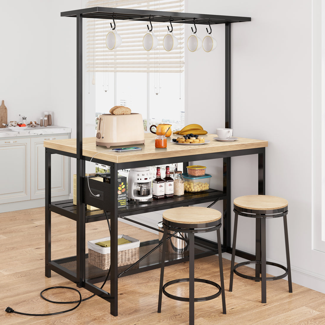 Garvee Kitchen Island with Storage, Bakers Rack with Power Outlet, Island Table for Kitchen,3 Tier Microwave Stand Oven Shelf,Large Coffee Bar Table, Storage Shelf for Kitchen Dining Room Living Room,5 Hooks