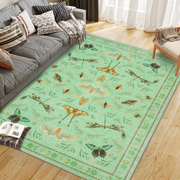 Garvee 10' x 13' Extra-Large Botanical Insect Area Rug, Washable Non-Slip Low-Pile Moth, Butterfly & Dragonfly Rug for Living Room & Dining Room, Light Green