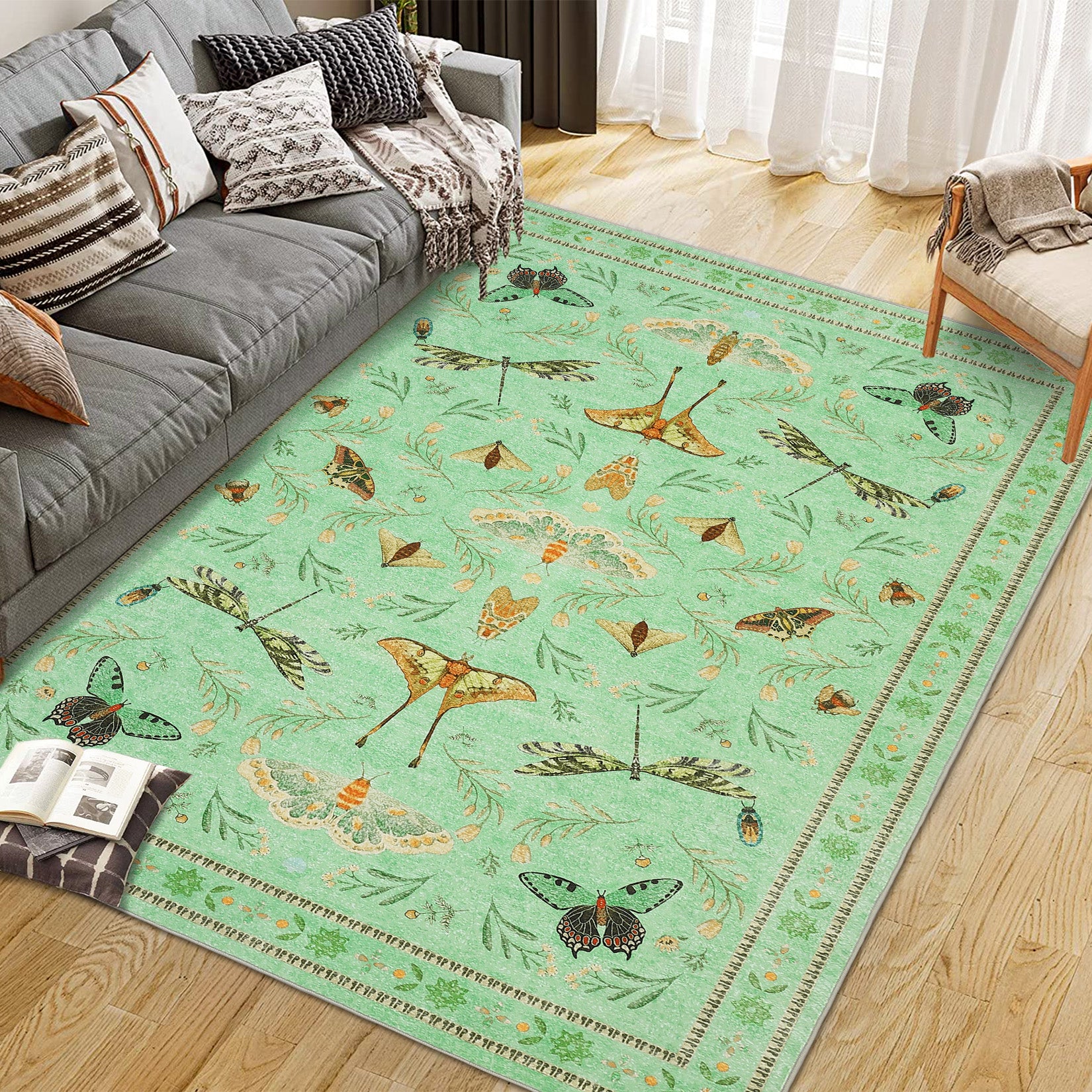 Garvee 8' x 10' Botanical Insect Area Rug, Washable Non-Slip Soft Low-Pile Moth, Butterfly & Dragonfly Rug for Living Room & Dining Room, Light Green