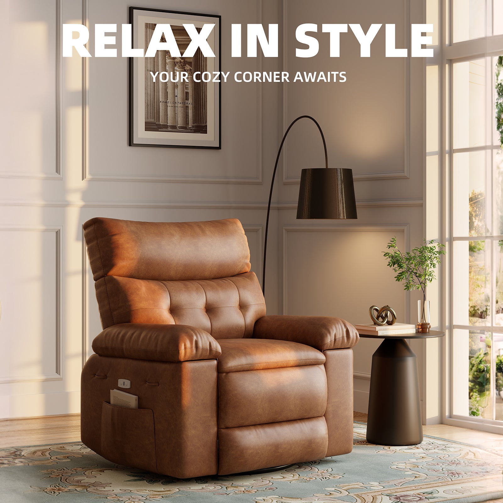 Garvee 360° Swivel Massage Recliner Chair with Heating, Manual Lazy Recliner, PU Leather, Cup Holder, 1.5x Sponge Comfort, Rocking Chair for Living Rooms and Nurseries