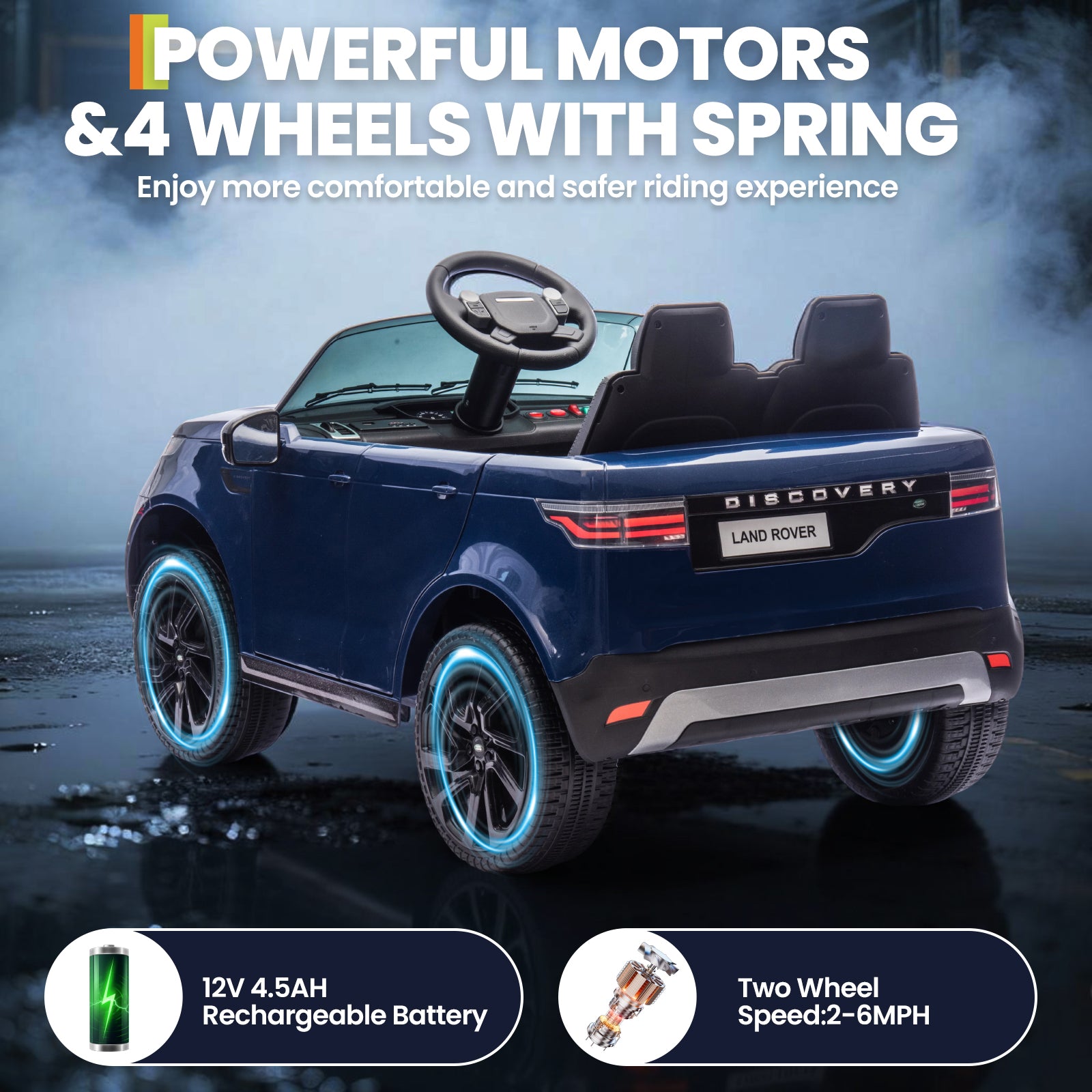 Garvee Ride P Series 12V Kids Ride On Car Land Rover Style Dual Motors 3 Speed Modes 4.5Ah Battery Safety Seatbelt Remote Control Black Outdoor Play - Dark Blue