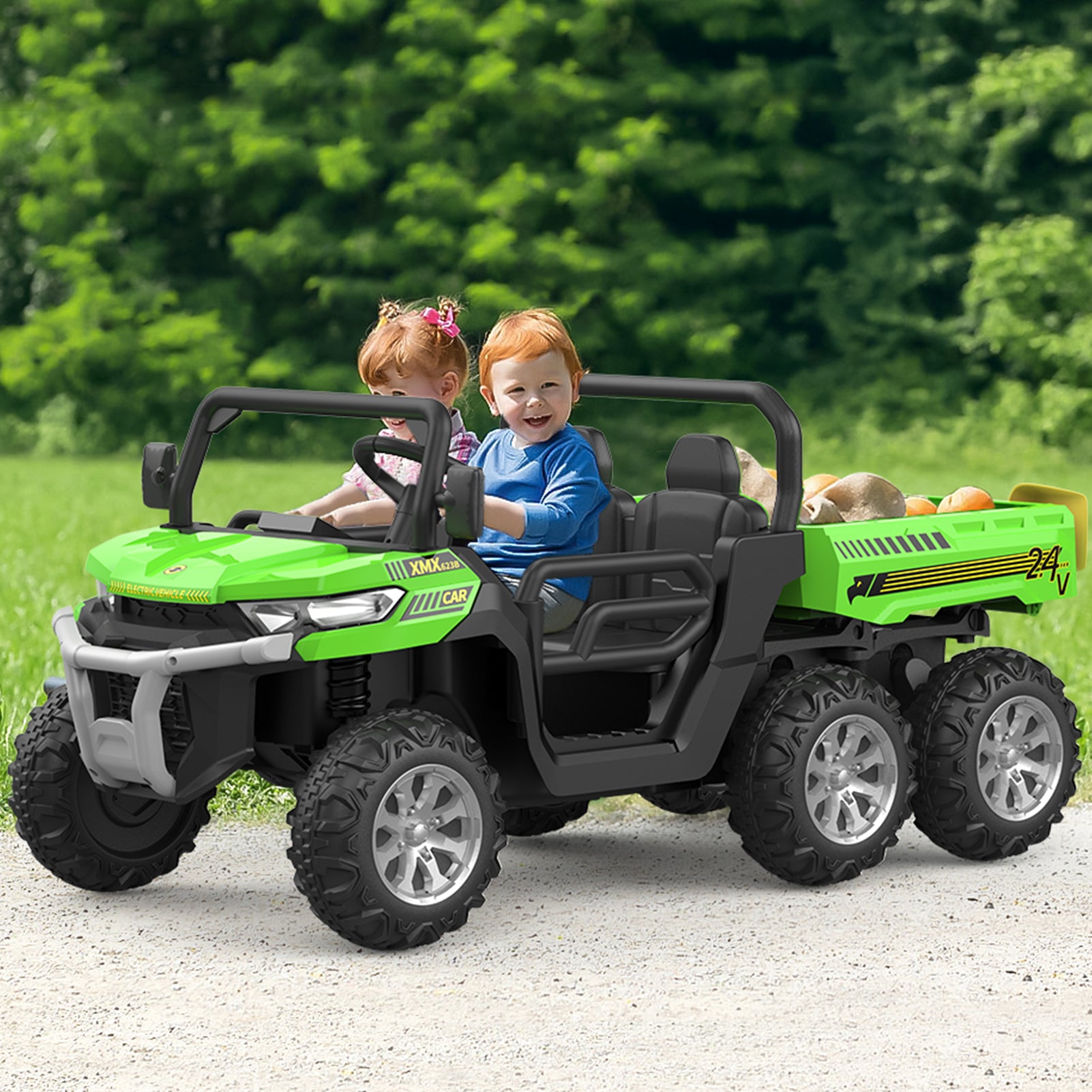 Garvee 2-Seater 6x6 Ride-On Dump Truck: 24V, Remote Control, Battery Powered UTV,Tires, 6-Wheeler, for 3 years and up - Green