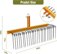 Garvee Pine Straw Rake 60 Inch , 6mm Rake Needle, 26 Coil Spring Tines Durable Powder Coated Steel Tow Behind Landscape Rake with 3 Point Hitch Receiver Attachment Fit to Cat0 Cat 1 Tractors for Leaves Grass, Yellow