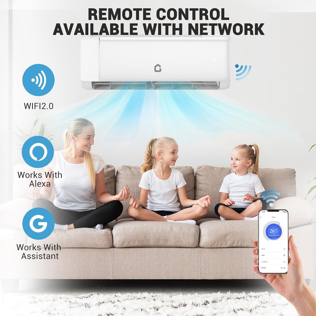 Garvee 7-in-1 Ductless Mini Split Air Conditioner & Heat Pump, 24000 BTU, 21 SEER2, Inverter, WiFi & Alexa Compatible, 208-230V, Cools & Heats up to 1500 Sq.Ft, R32/R35, 7 Fan Speeds, Eco Mode - US Standard