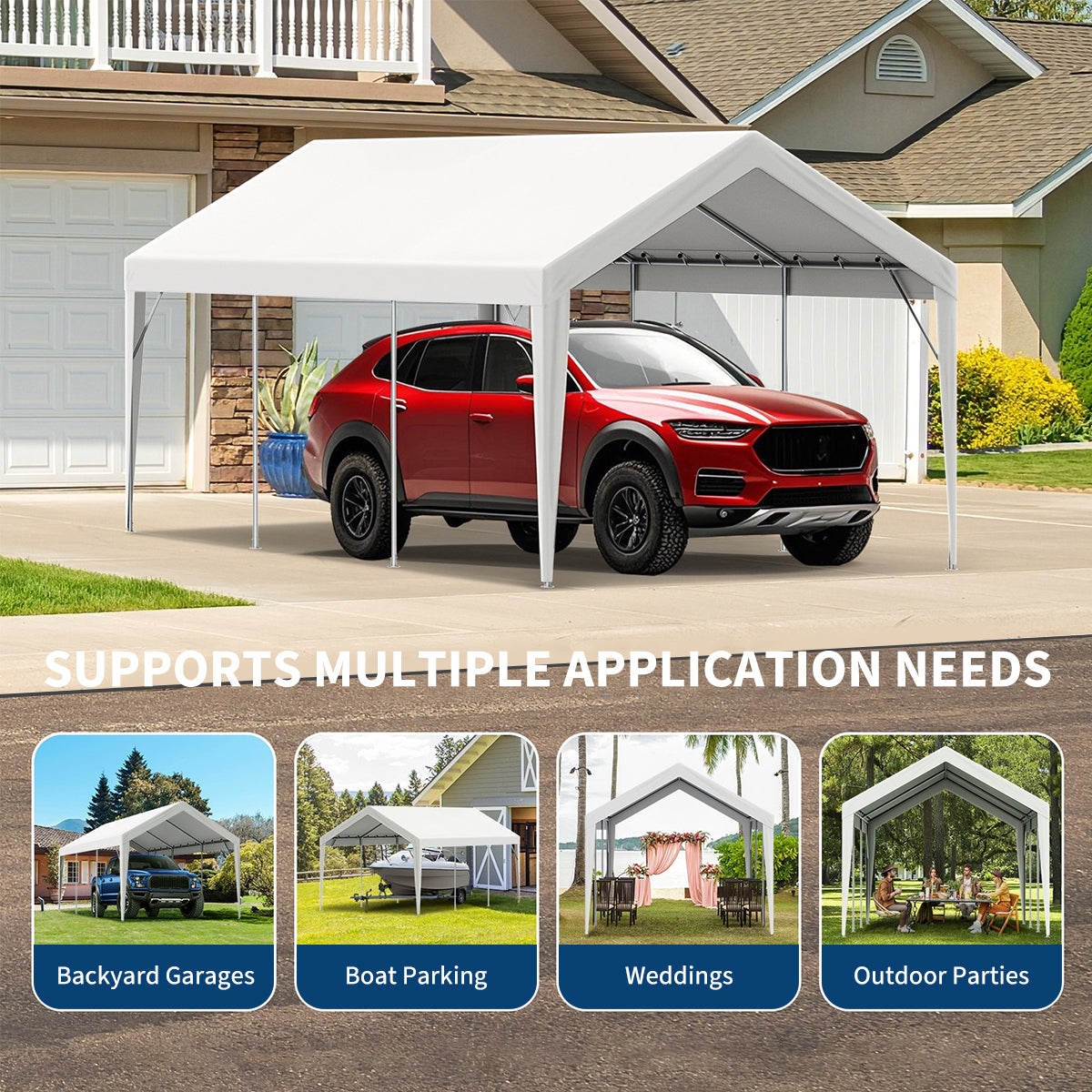 White carport replacement cover shown for vehicle parking and outdoor gathering uses