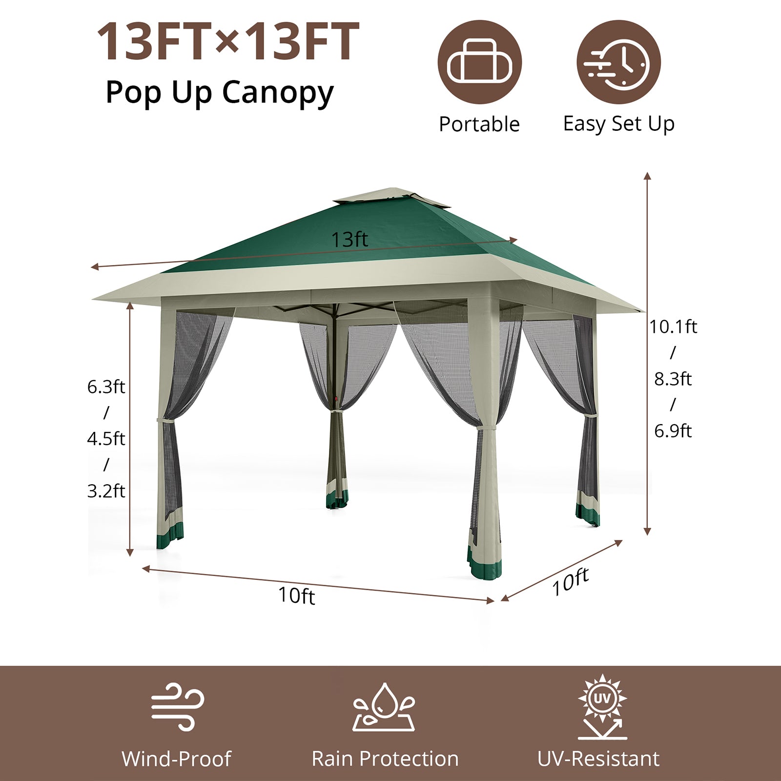 Garvee 13'x13' Pop Up Tent Outdoor Canopy Shelter with Mosquito Netting 4 Stanbags Instant Gazebo Tent for Lawn, Garden, Backyard Deck (Olive Green + Taupe)