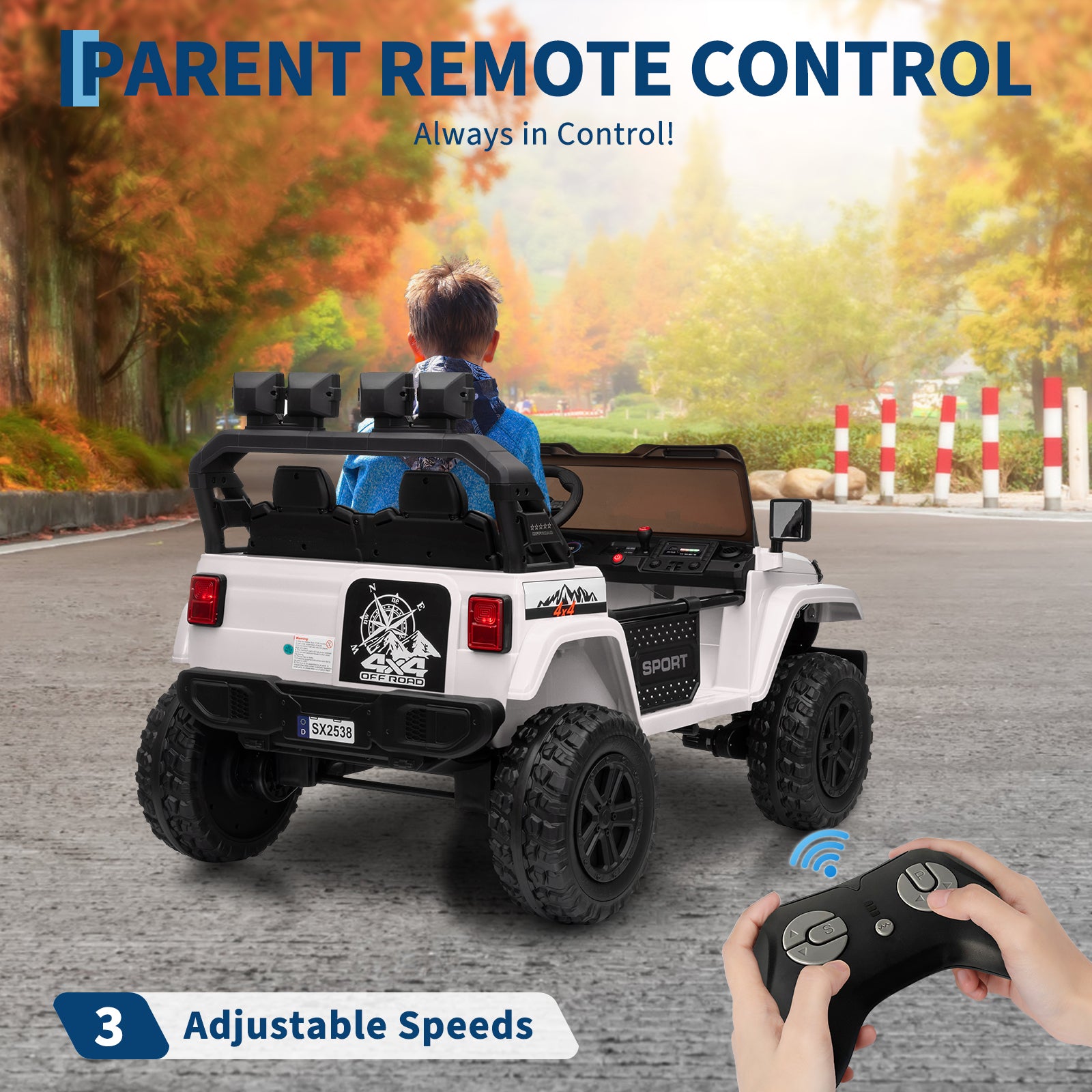Garvee Ride - P Series: 24V Ride On Car, 4WD 2 Seater Kids' Electric Vehicle Truck with Remote Control, Adjustable Footwell Ride On Truck, 3 Speeds, Led Lights, Bluetooth, White