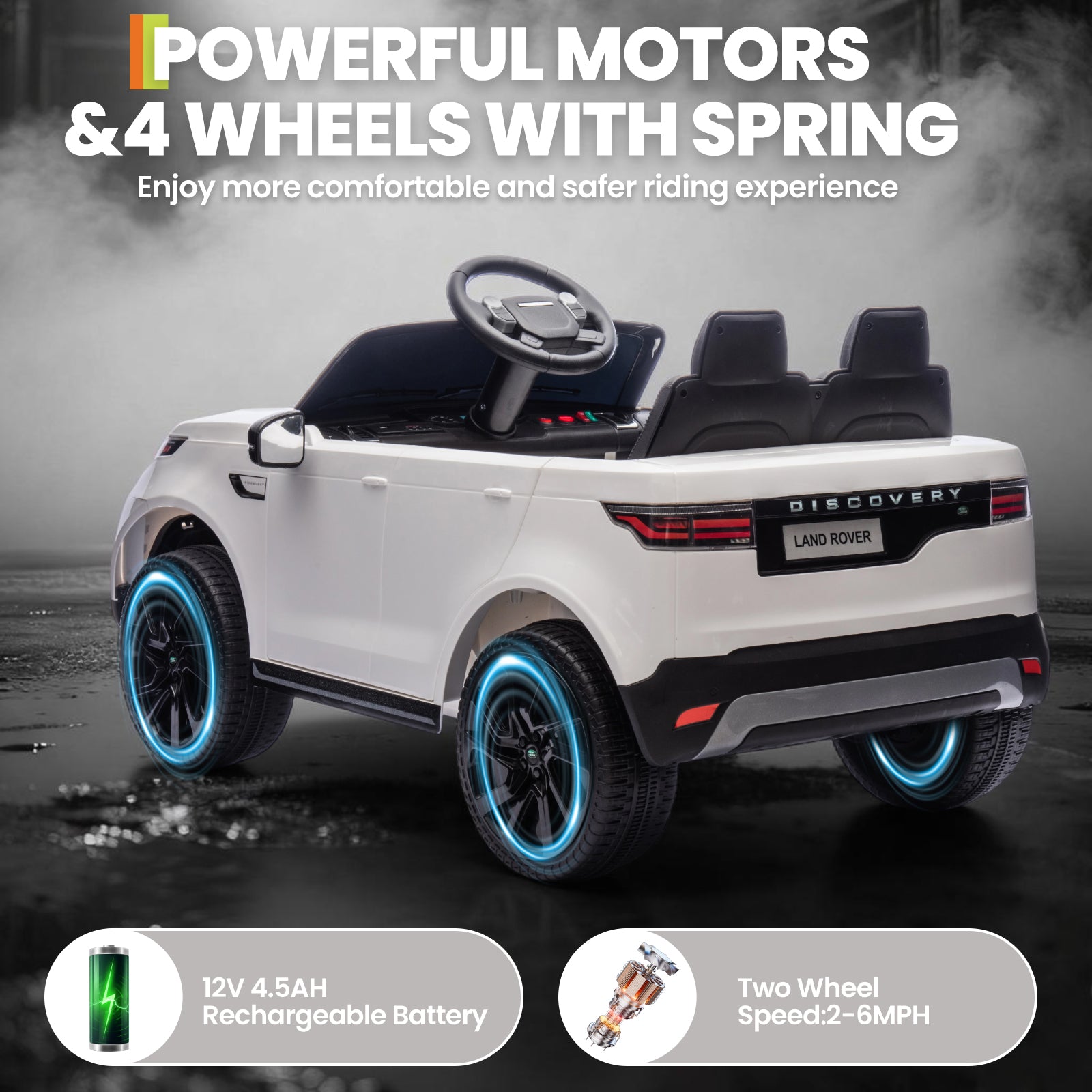 Garvee Ride P Series 12V Kids Ride On Car Land Rover Style Dual Motors 3 Speed Modes 4.5Ah Battery Safety Seatbelt Remote Control Black Outdoor Play - White