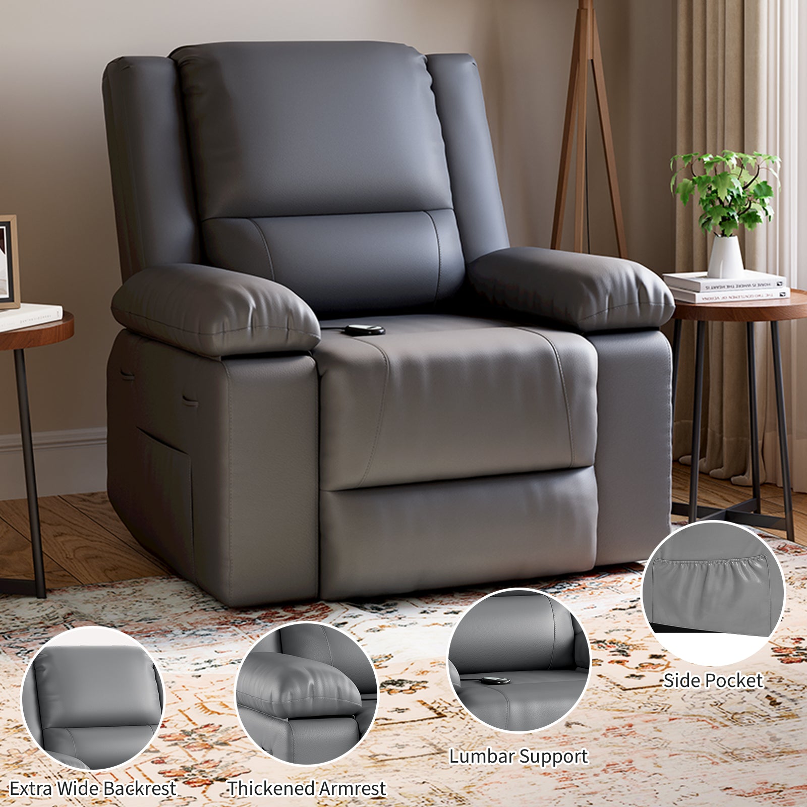 Garvee PU Leather Power Lift Recliner Chair with Massage and Heat, 8-Point Vibration, Adjustable Back and Leg Support, Electric Lift Chair Designed for Mobility Aid Elderly Relaxation, Grey