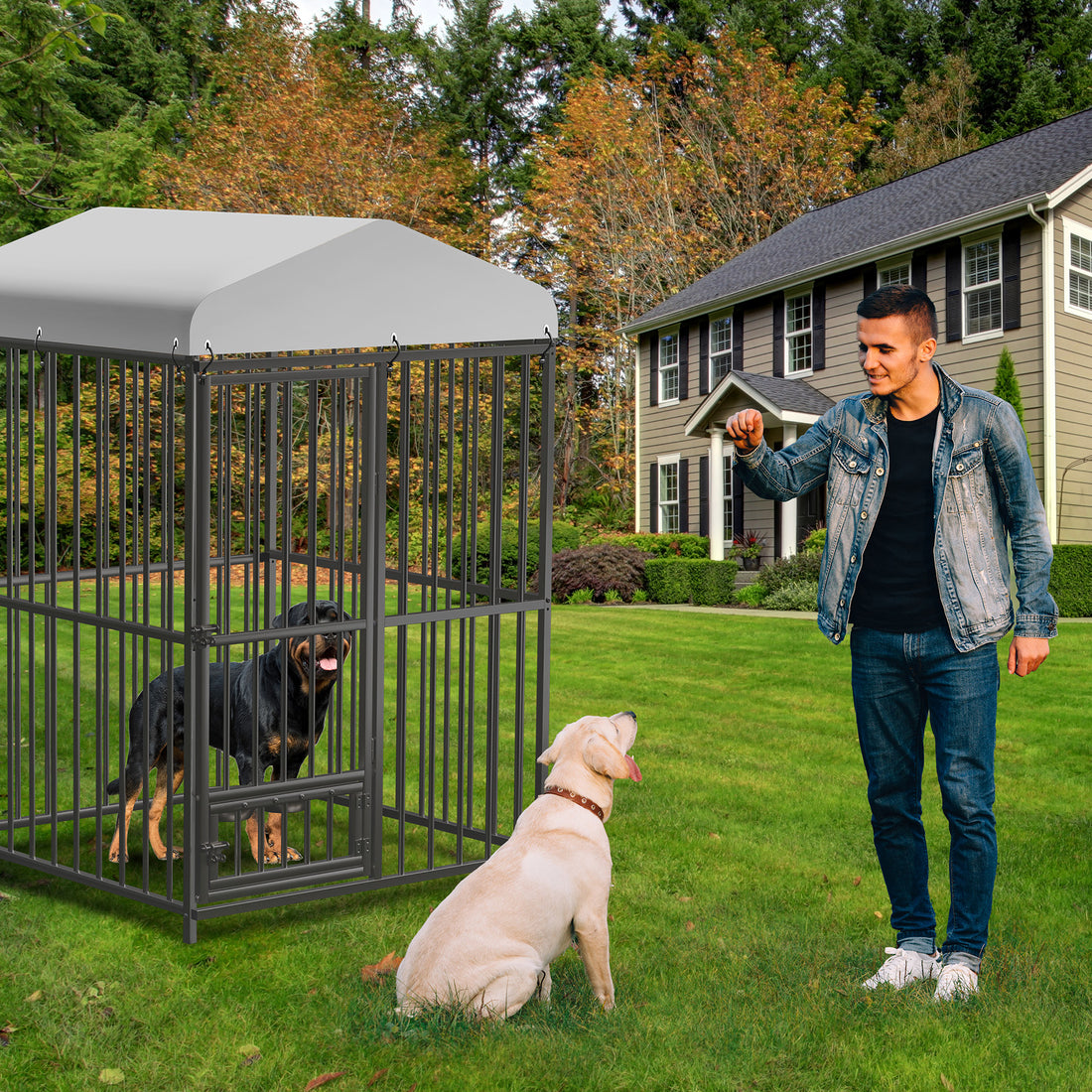 Garvee 4x4x6ft Outdoor Dog Kennel, Heavy Duty Dog Cage with Waterproof Roof, Dog Kennel Galvanized Iron Dog House with Safety Locks, UV & Water Resistant Proof Cover, for Garden Backyard