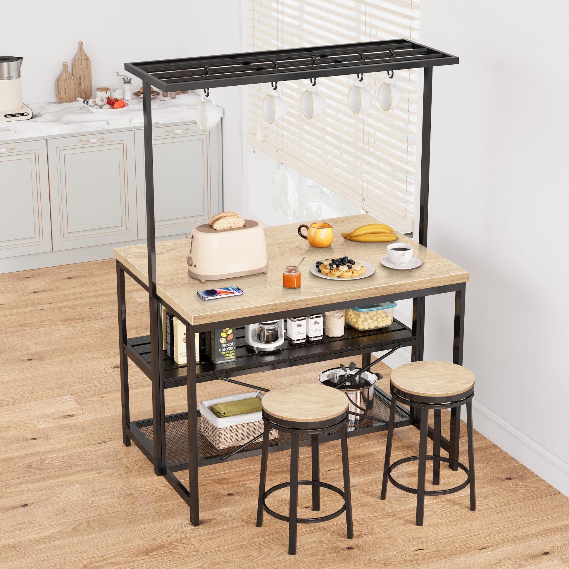 Garvee 42" Large Kitchen Island Bakers Rack Microwave Oven Stand Kitchen Shelf with 3 Tier Storage, Metal Coffee Bar Table,Kitchen Storage Shelf for Dining Living Room, 5 Hooks, 42"*28"*72"