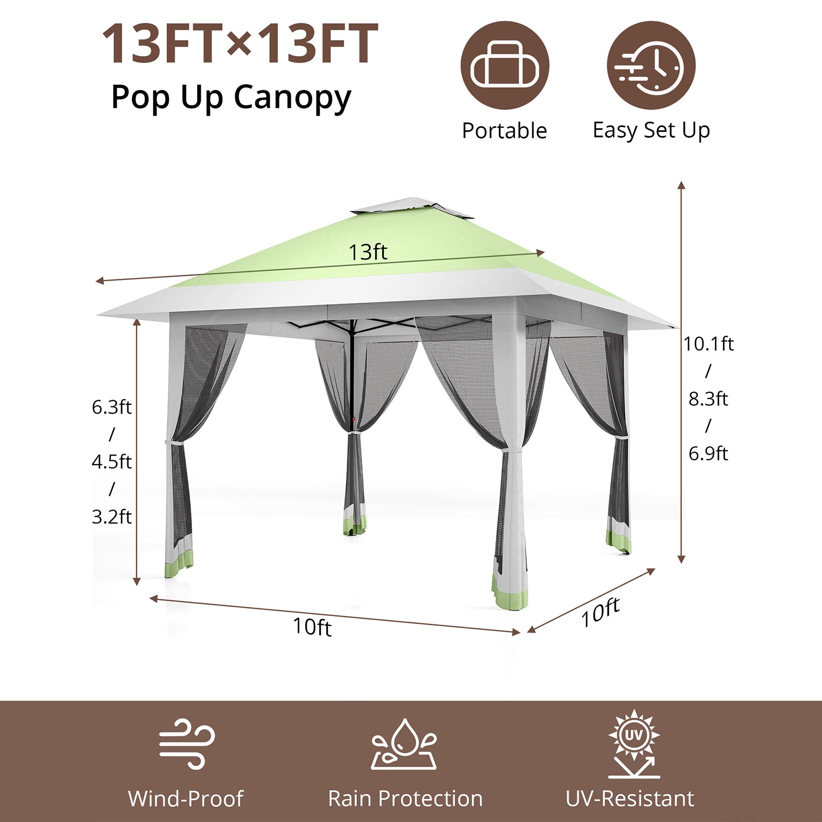 Garvee 13'x13' Quick-Setup Pop-Up Canopy Tent with Mosquito Netting Foldable Shelter for Backyards, Parties, Camping & Commercial Use, (Green+ Light Grey)