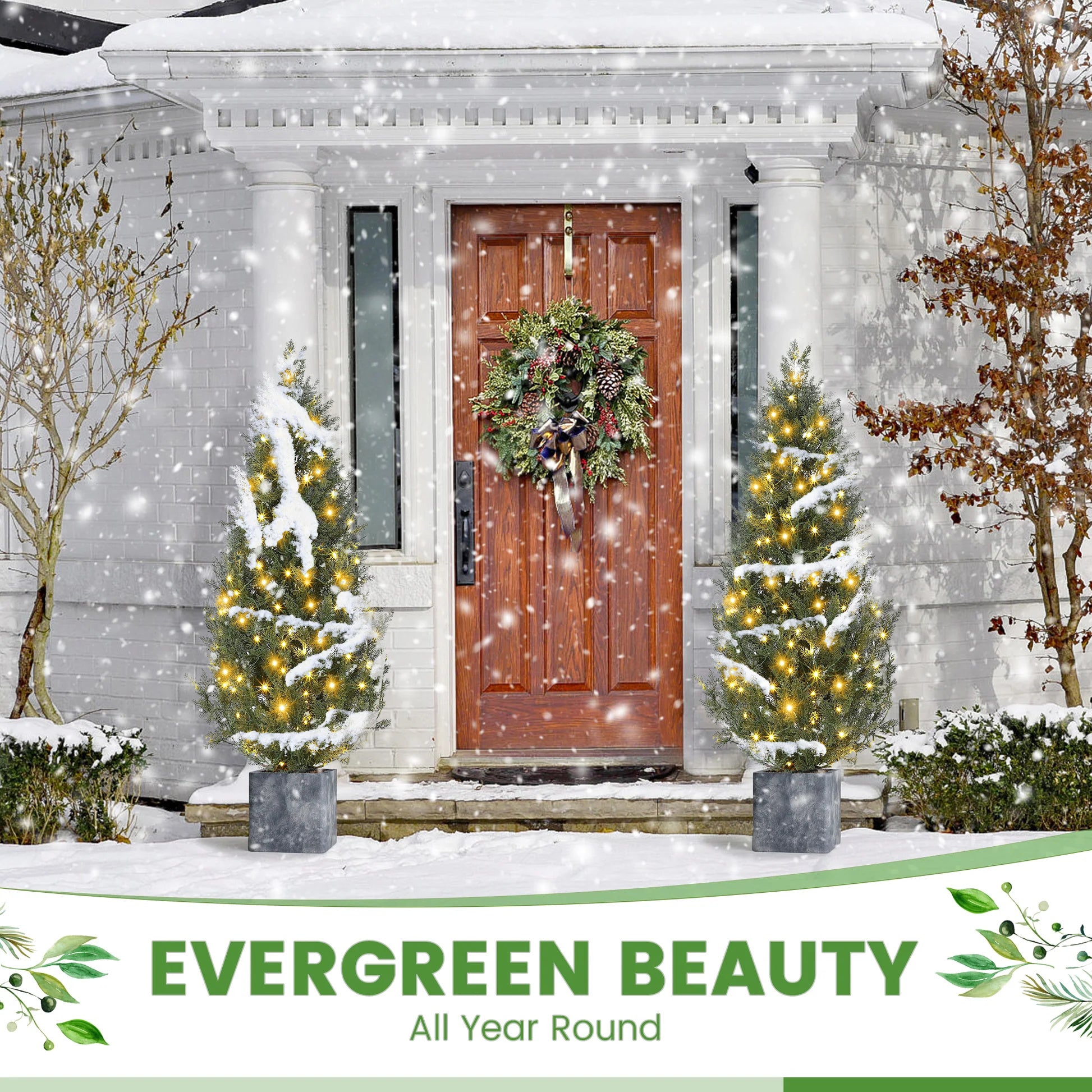 Garvee 5ft Artificial Topiary Cedar Trees with 100 Light / 8 Light Modes, 2 PCS Artificial Plants Outdoor with Realistic Moss & Pot, UV Rated Fake Plants for Front Porch Decor, Living Room