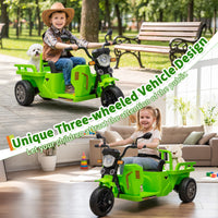 Garvee Ride P Series 3-Wheels Electric Tricycle w/Trailer, 12V Battery Powered Kids Motorcycle with Sand Shovel, 2x55W Motors, Bluetooth, Music, Headlight, Ride on Motorcycle for Kids Toddlers, Gift for Boys Girls, Green