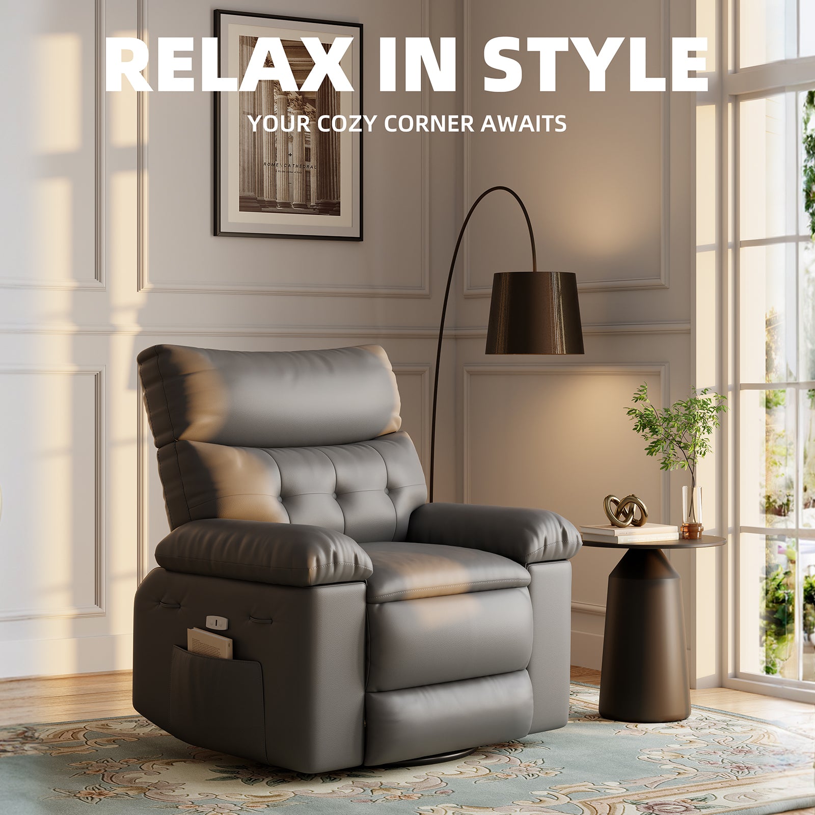 Garvee Power Recliner Chair, Rocking Recliner for Adults, Swivel Recliner with Massage, Upholstered Fabric Glider Recliner Nursery Chair, Single Sofa Seat with Side Pockets for Living Room, Grey