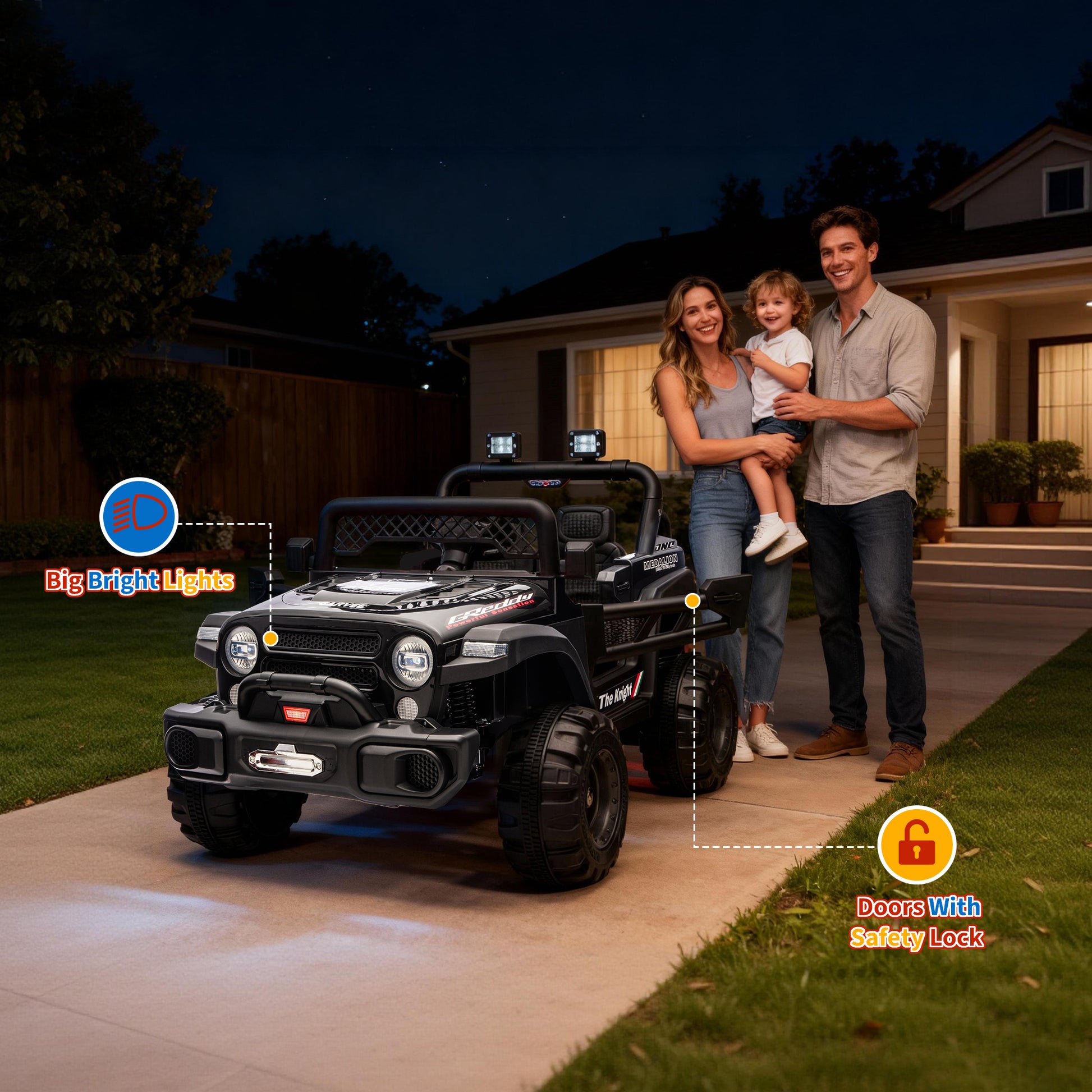 Garvee 12V Kids Electric Ride-On Truck – Dual Motors, 3 Speeds, Remote Control, LED Lights, Music, Spring Suspension, Safety Belt, Storage – Battery Powered Off-Road Car Toy for Boys & Girls Ages 2-8, Black