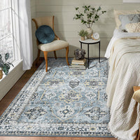 Garvee Boho Blue 5x7 Washable Rug, Oriental Vintage Non Slip Soft Faux Wool Stain Resistant Carpet for Living Room, Bedroom, Officem Soft Faux Wool Stain Resistant Carpet for Office Nursery Dining Room