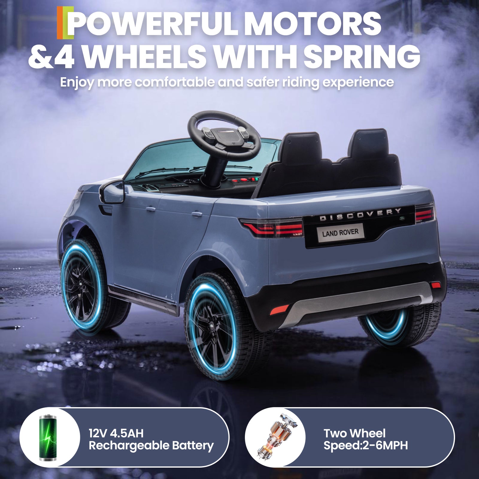 Garvee Ride P Series 12V Kids Ride On Car Land Rover Style Dual Motors 3 Speed Modes 4.5Ah Battery Safety Seatbelt Remote Control Black Outdoor Play - Light Blue