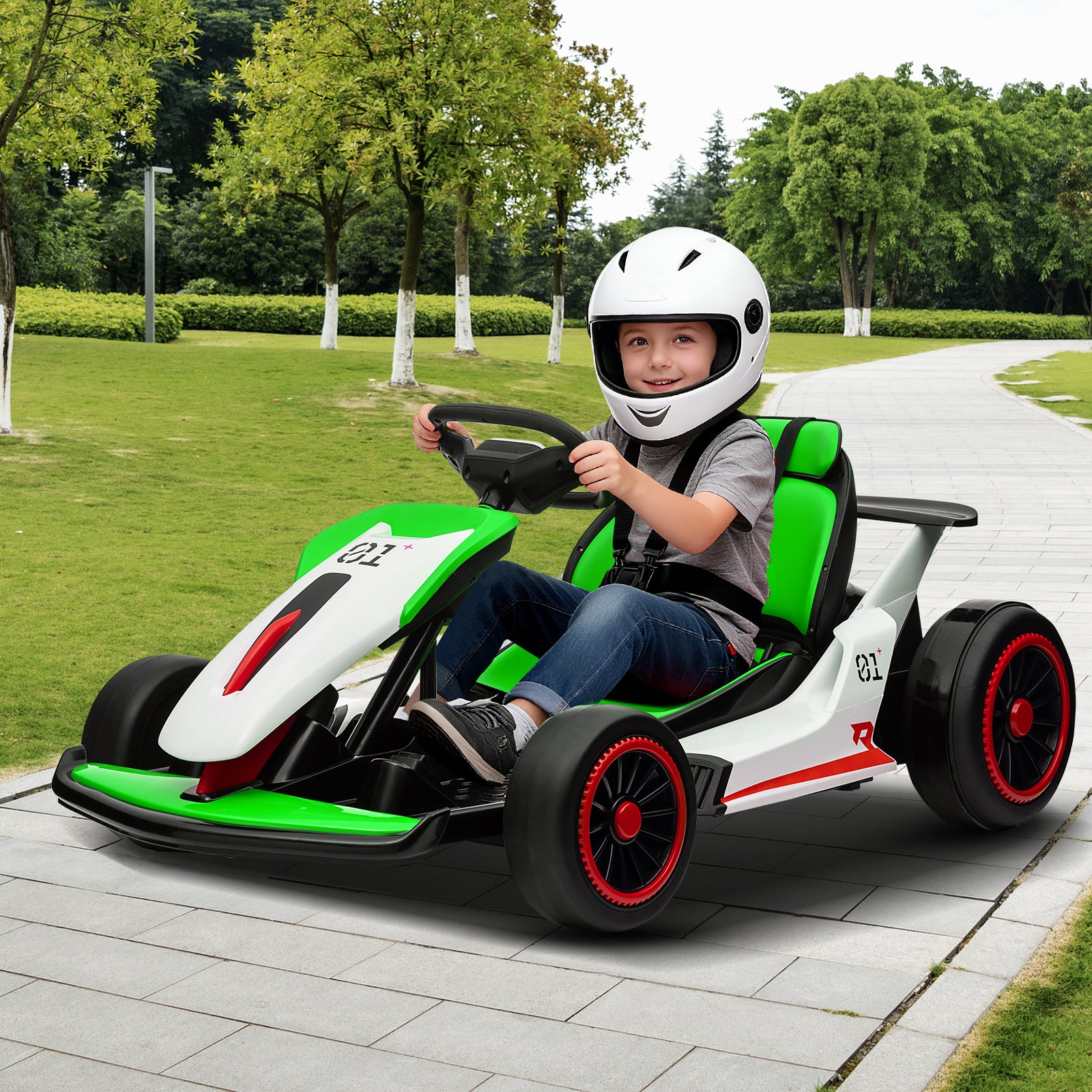 Garvee Ride - G Series: 6+,24V Drift Kart with 2X150W Strong Motor, 7AH Big Battery, Electric Pedals, Electric Go Kart Outdoor Race Toy - Green & White