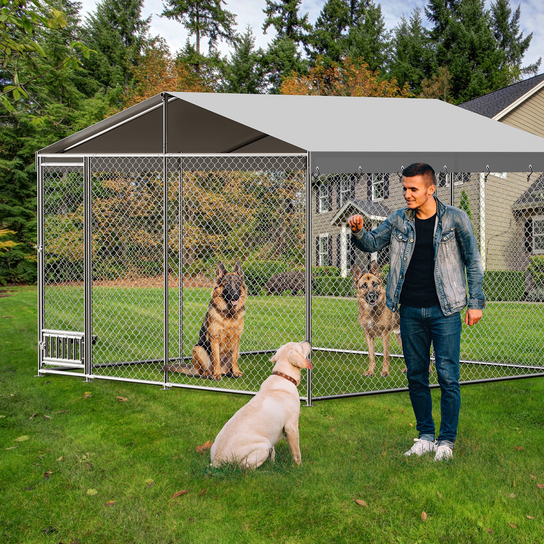 Garvee Large Outdoor Dog Kennel, Heavy Duty Outside Pet Playpen with Waterproof & Anti-UV Cover Roof, Galvanized Iron Dog Cage House with Safety Locks for Garden Backyard(10x10x7ft)