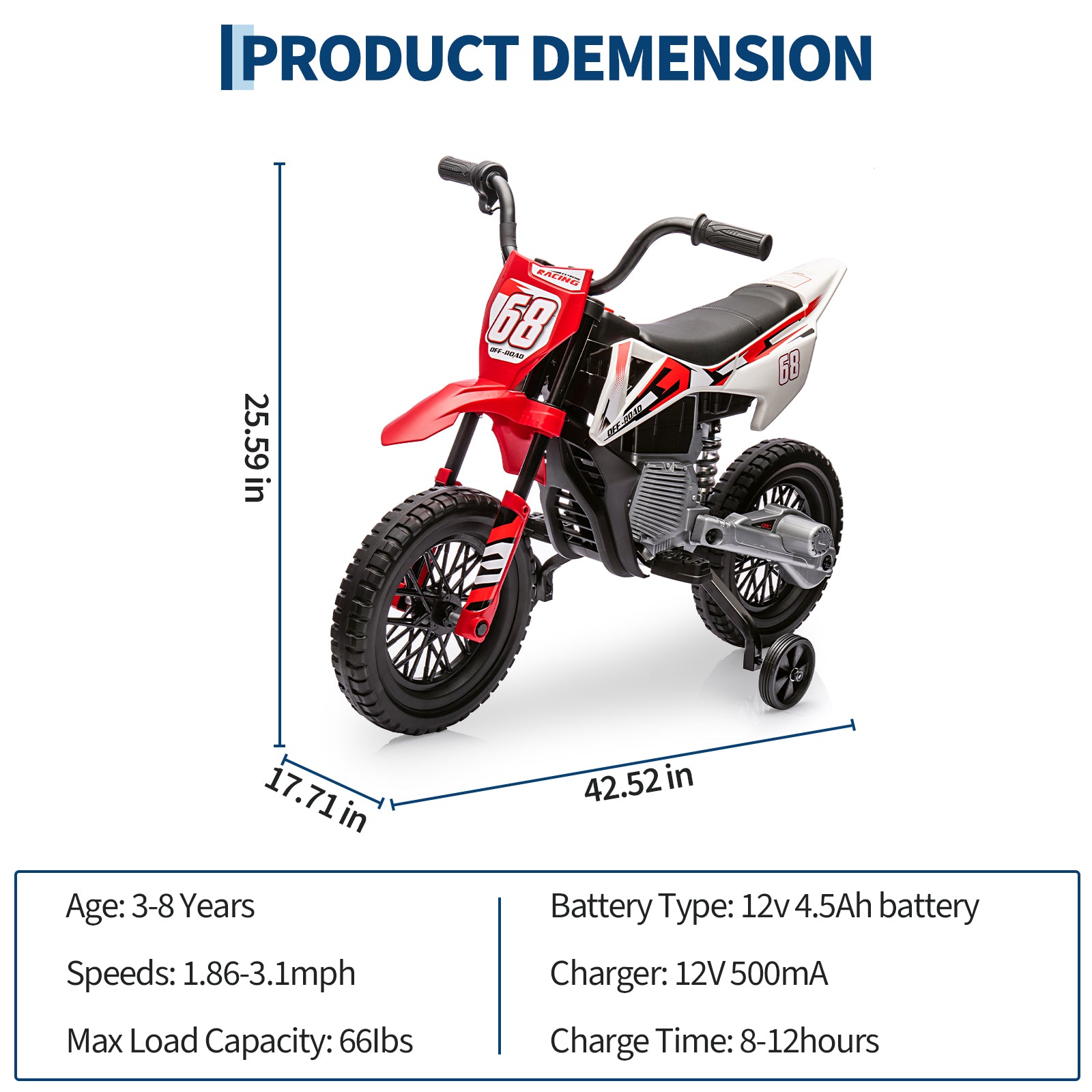 Garvee Ride - P Series: 12V Kids Electric Dirt Bike, 25W*2 Motor, Twist Grip Throttle, Spring Suspension, Training Wheels, Ride-On Toy - Red