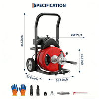 Garvee Drain Cleaner Machine 75FT ×  1/2 inch Steel Core Cable Portable 370W Electric With Sewer Auger Cutter Air-Activated Foot Switch Wheels for Commercial Home