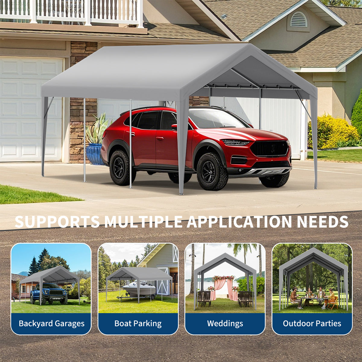 Garvee 13'x25' 200G Heavy-Duty Carport Replacement Cover - Waterproof & UV Protected Garage Tent Top Tarp (Frame Not Included), Grey