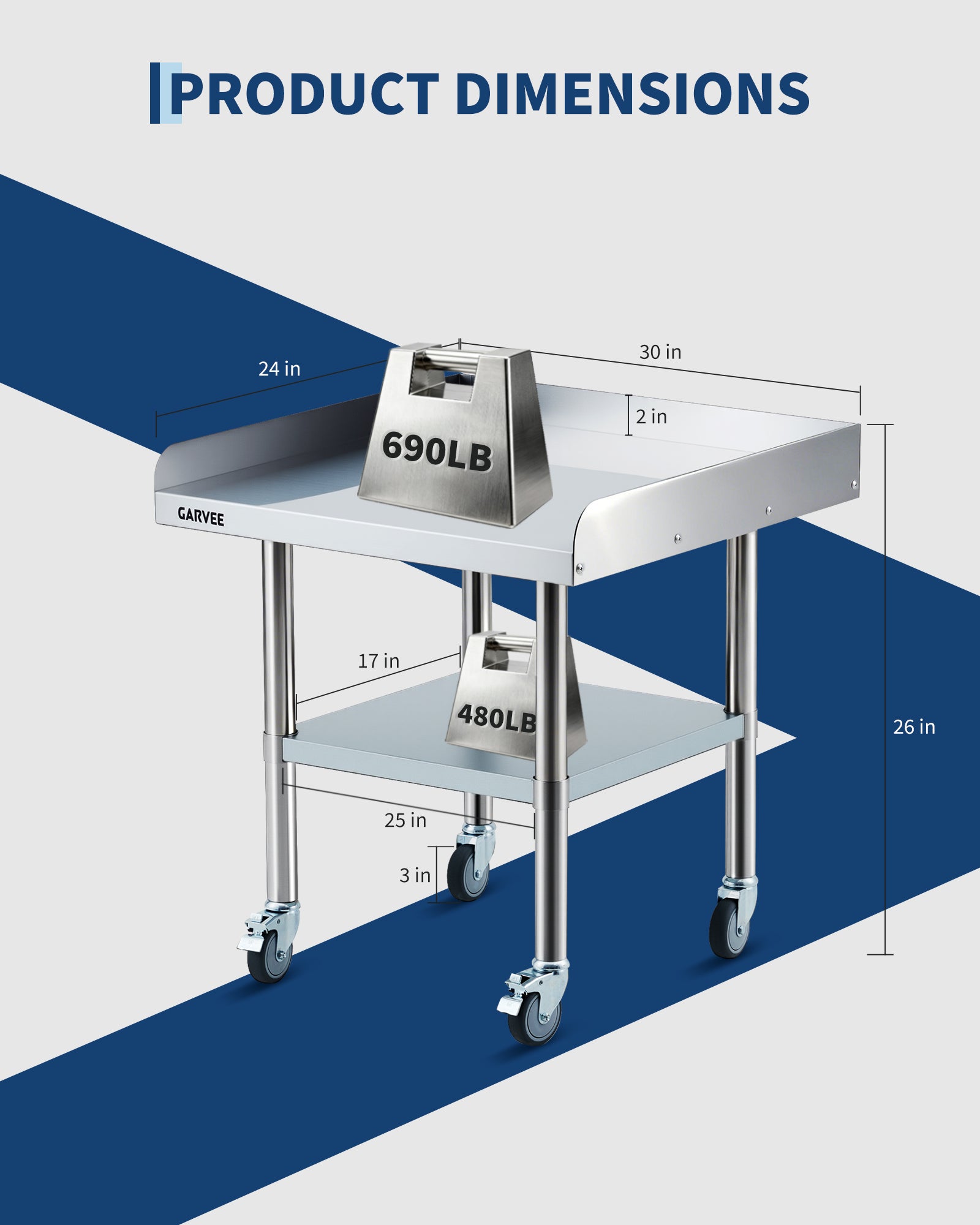 Garvee Heavy Duty Stainless Steel Commercial Work Table - 24x30 Inch - 3-Sided Detachable Backsplash - Adjustable Undershelf - Locking Casters - Mobile Food Prep Station for Restaurant, Kitchen, Garage, Bakery - Size: 24x30 inches