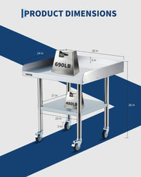 Garvee Heavy Duty Stainless Steel Commercial Work Table - 24x30 Inch - 3-Sided Detachable Backsplash - Adjustable Undershelf - Locking Casters - Mobile Food Prep Station for Restaurant, Kitchen, Garage, Bakery - Size: 24x30 inches