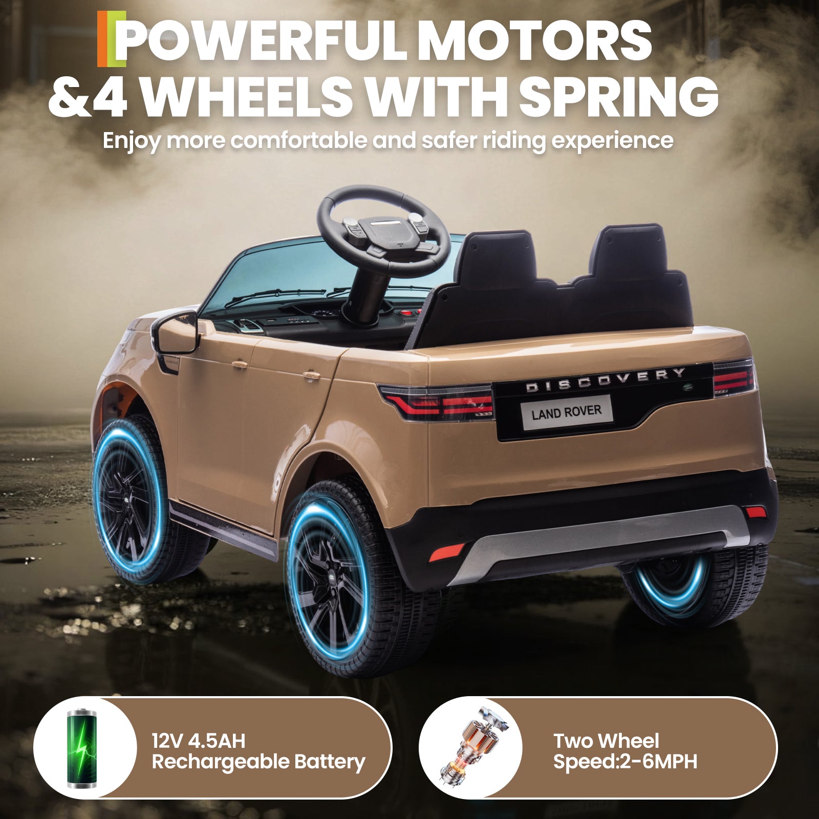 Garvee Ride P Series 12V Kids Ride On Car Land Rover Style Dual Motors 3 Speed Modes 4.5Ah Battery Safety Seatbelt Remote Control Black Outdoor Play - Brown