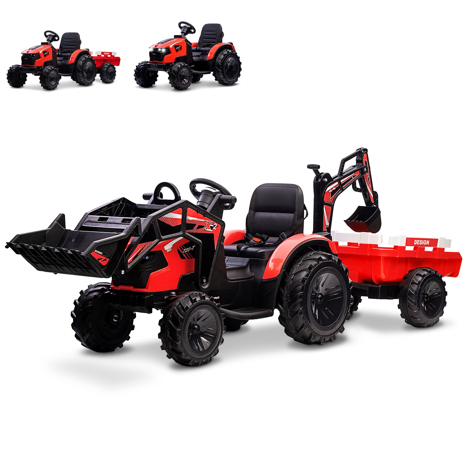 Garvee Ride P Series 3-in-1 Ride-On Tractor, 24V Electric, Excavator & Bulldozer, Remote Control, LED, Music, USB/Bluetooth max 66 lbs - Bright-red