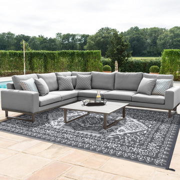 9x12 outdoor rug with waterproof reversible design for patio or garden in gray and white plastic straw material