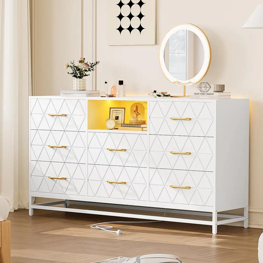 Garvee 8 Drawer Dresser for Bedroom, White Dresser with Led Light, 55 Inch Tv Stand Dressers with Power Outlet, Large Dresser Bedroom with Deep Drawers, Handles, Modern Dresser Storage