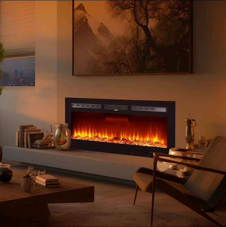 Garvee 42 Inch Electric Fireplace Insert Ultra-Thin 4.2" Linear Design 750/1500W Heater 12-Color Flame Remote Control Wall Mounted Living Room