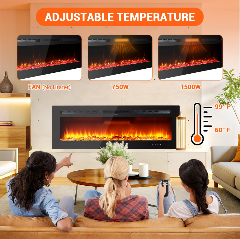 Garvee 60 Inch Wall Mounted & Recessed Electric Fireplace, Ultra-Thin 4.2", 750/1500W Heater, 12 Flame Colors, Log & Crystal Decor, Remote, Timer, Heats 400 sq ft, Living Room