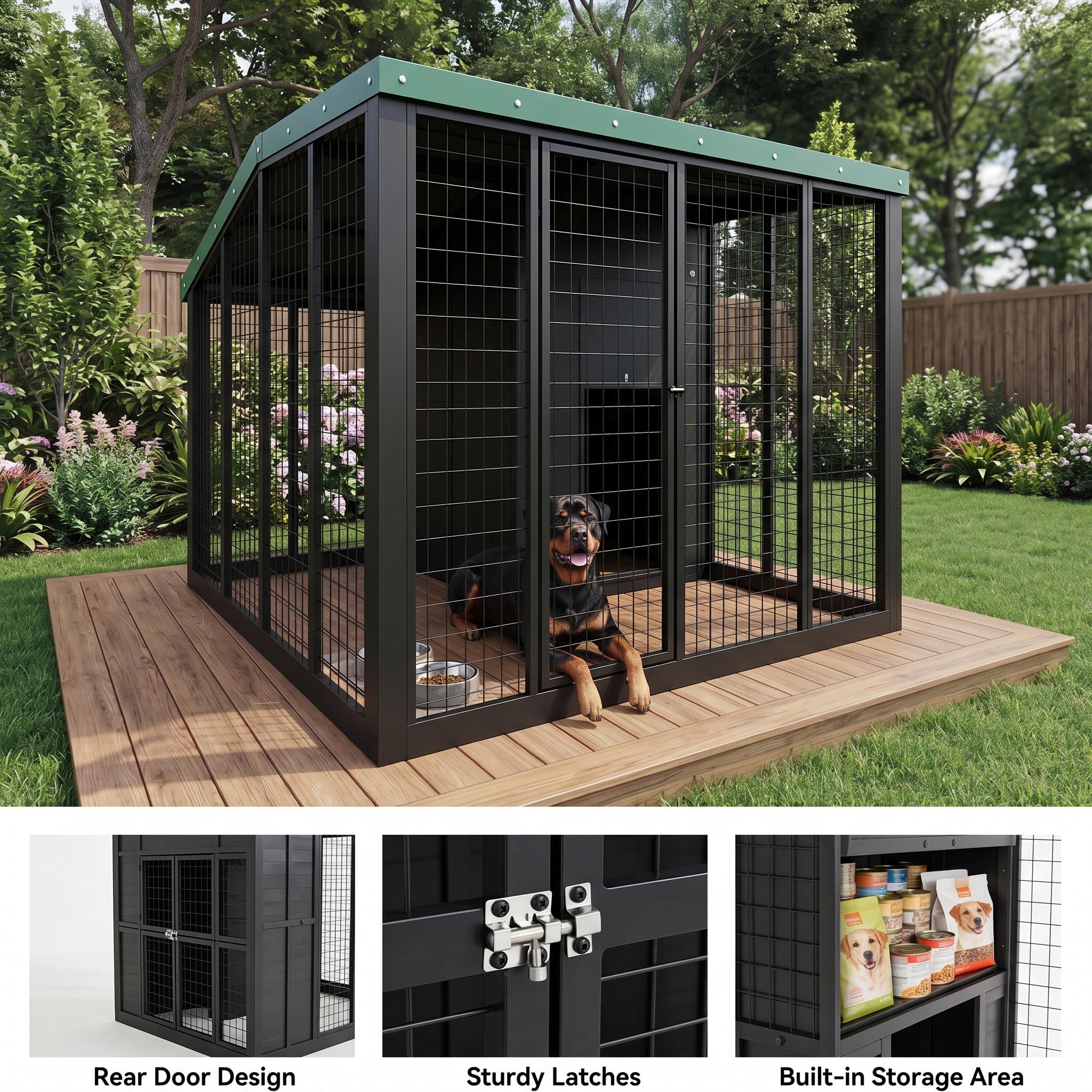 Black dog kennel shown with rear door, latch details, and built-in storage area