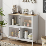 Garvee Coffee Bar Cabinet, Rattan Buffet Cabinet with Storage, Wood Sideboard Cabinet with Sliding Door, Accent Cabinet for Kitchen, Dining Room, Living Room, Entryway - White - White