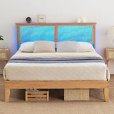 Garvee Rattan King Bed Frame, Boho King Size Bed Frame with Natural Rattan Headboard, Led Lights, Wooden Support Legs and Slats, Noise-Free, No Box Spring Needed - Natural