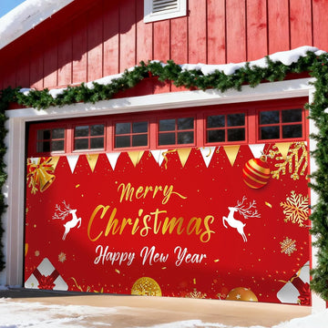 Christmas Garage Buddy Door Cover 7x16 ft, New Year & Xmas Holiday Garage Door Banner with 4x19.7 ft Ropes, Christmas Decoration Backdrop for Wall Party Celebration, Red