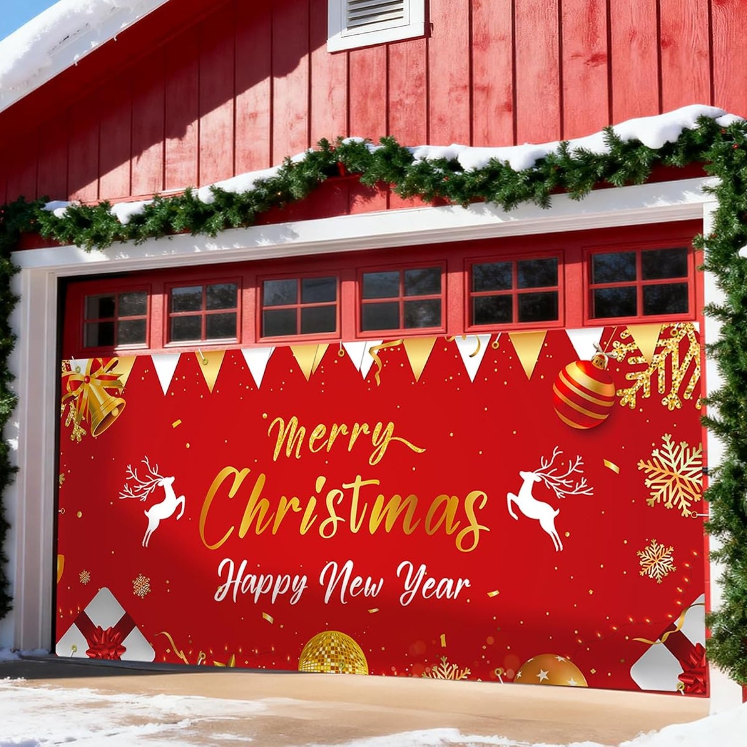 Christmas Garage Buddy Door Cover 7x16 ft, New Year & Xmas Holiday Garage Door Banner with 4x19.7 ft Ropes, Christmas Decoration Backdrop for Wall Party Celebration, Red