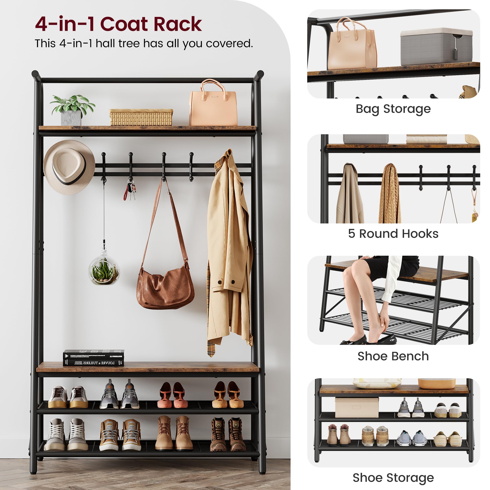 GARVEE 4-in-1 Hall Tree Coat Rack Shoe Bench