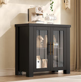 Garvee Buffet Cabinet with Storage, Tempered Glass Doors, Wood Sideboard for Living Room, Dining Room, Kitchen, 31.5", Black - Black