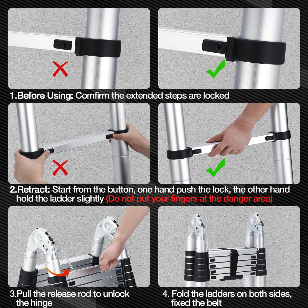 GARVEE telescoping ladder safe locking and retracting instructions for proper use