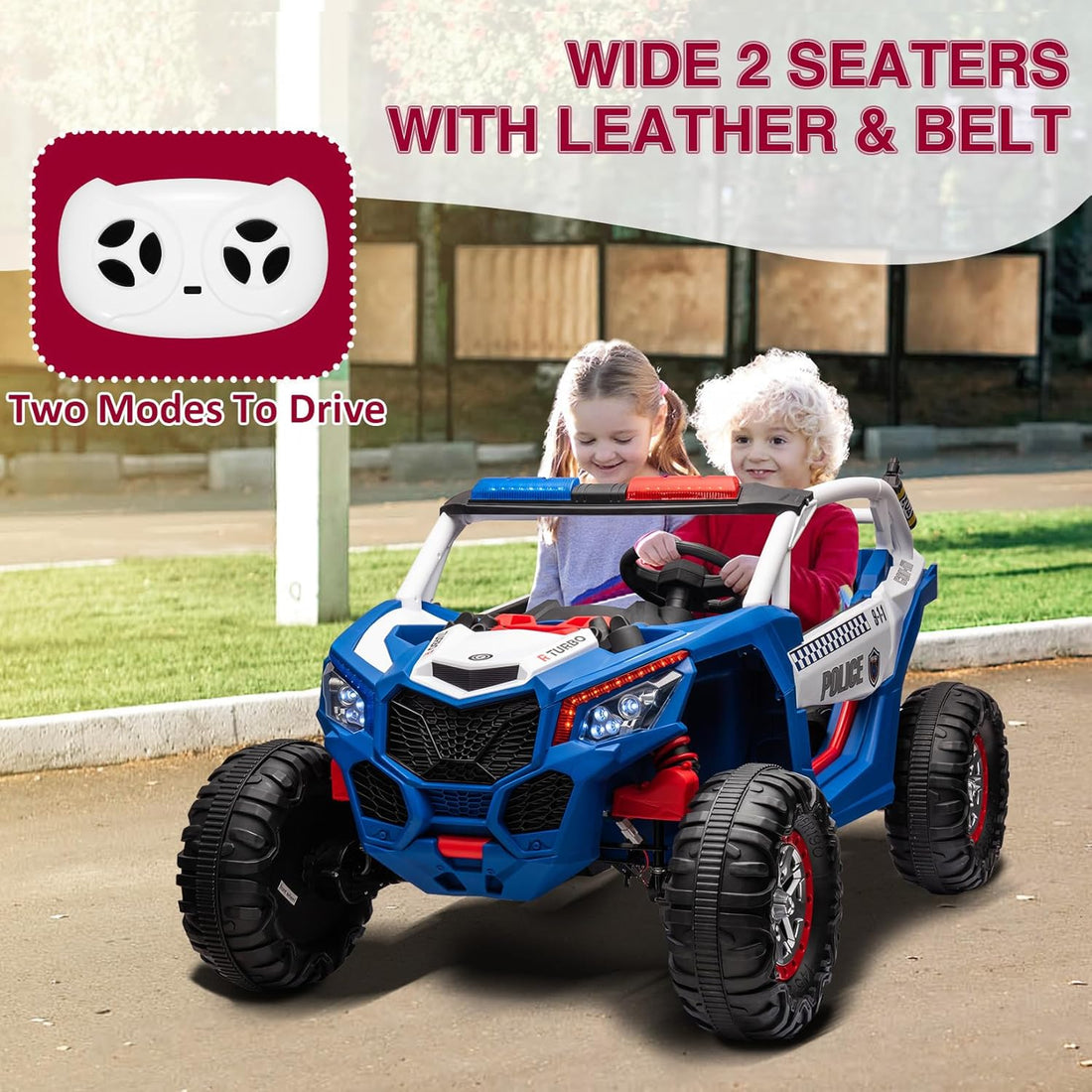 Garvee Ride - P Series: 24V 2 Seater Kids Ride on UTV Car For age 3+, w/Remote Control, 4WD Powerful Electric Vehicle with 4x75W Motors, 4 Shock Absorber, Leather Seat, Music and Light - Blue