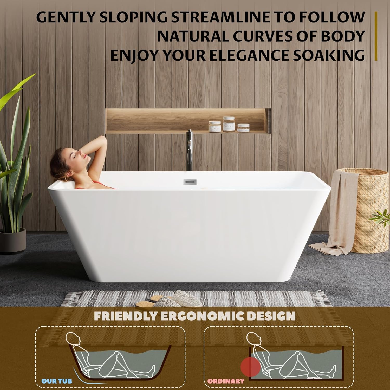 Garvee SZ3 59" Freestanding Acrylic Bathtub in Streamline Design with Chrome Overflow and Drain, cUPC Certified, White